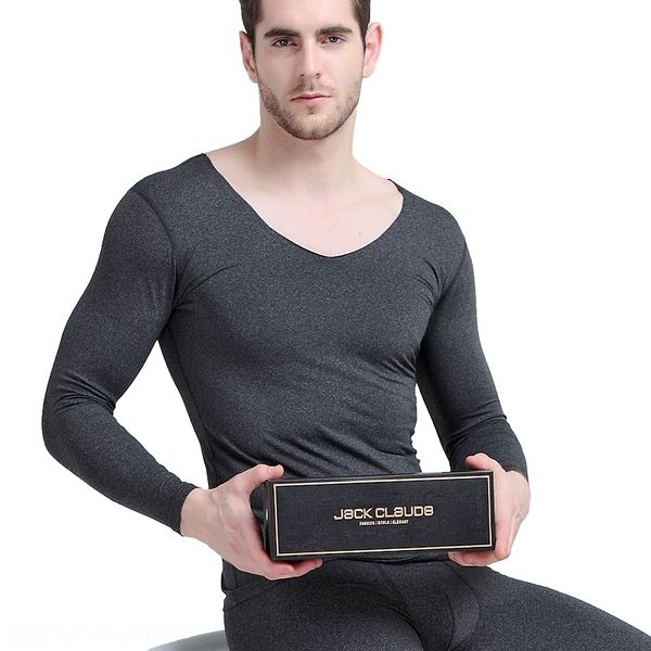 

men's seamless v-neck thermal underwear men's thin tight pants suit velvet winter warm autumn clothes underwear and autumn clothes, Black;white