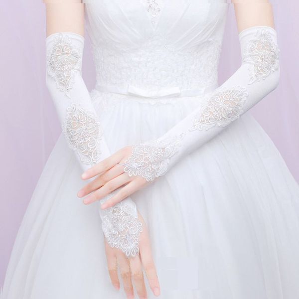 

bridal gloves european retro wedding satin fingerless long gloves embroidery floral lace patchwork rhinestone beaded bridal mittens, White