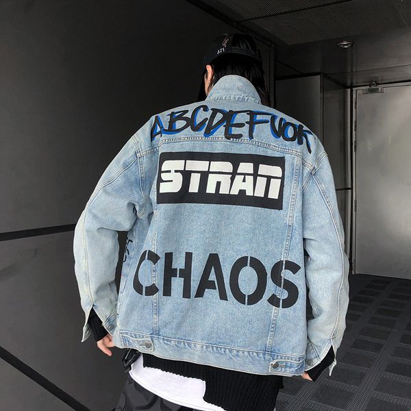 

hip hop denim jacket big letter graffiti cartoon printed fashion jeans casual korean japan streetwear casual vintage jacket men, Black;brown