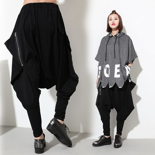 

2020 new mid flat sweatpants hip hop personality tide autumn europe and america comfort zipper decoration harem pants, Black;white