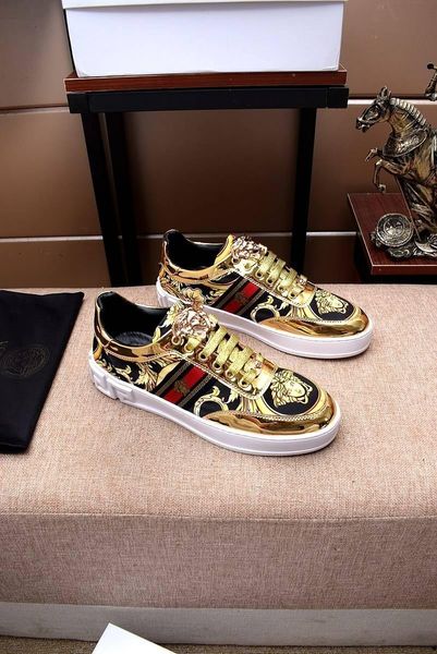 

2020w high-end medusa leather print and color matching low-casual tide shoes, fashionable wild lace-up sneakers, size: 38-45, Black