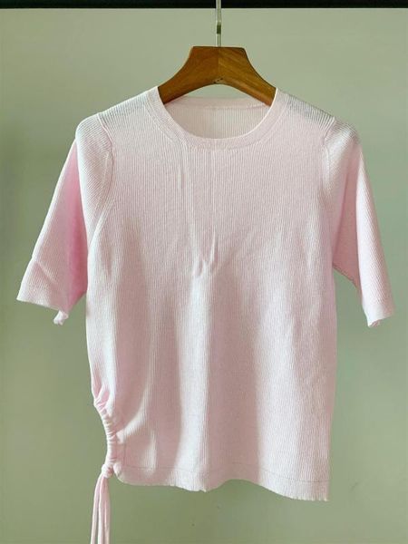 

side drawstring lace-up womens knitted t shirt short sleeve o-neck slim waist sweater tees female t-shirts 2020 new, White