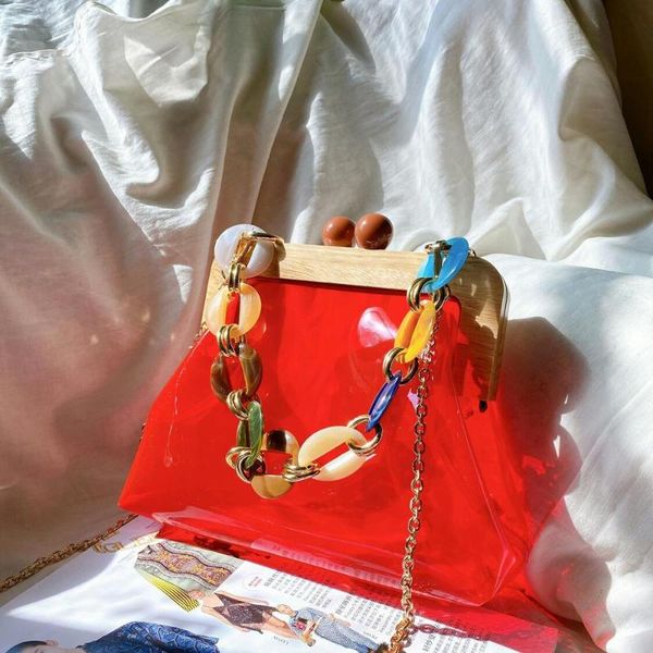 

2020 new acrylic women transparent jelly bags retro wood clip bag fashion women shoulder messenger bags chain crossbody