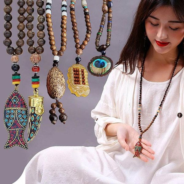 

handmade nepal necklace buddhist mala wood beads pendant necklace ethnic horn fish long statement jewelry women men, Silver