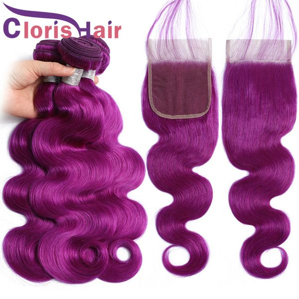 

raw virgin indian body wave colored weaves 3 bundles with lace closure natural hairline purple human hair wavy extensions and closures, Black;brown