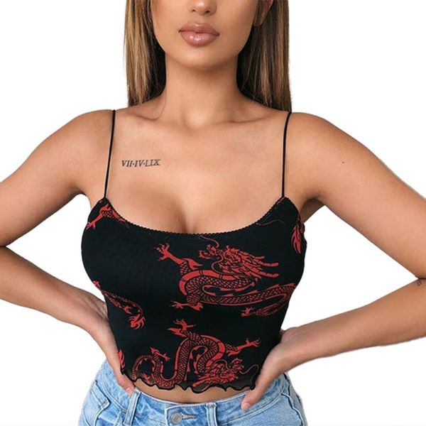 

women fashion dragon pattern camisole summer u-neck exposed navel tube, White;red