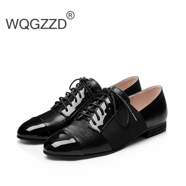 

casual women's shoes genuine leather flat shoes women lace up oxfords for women, Black