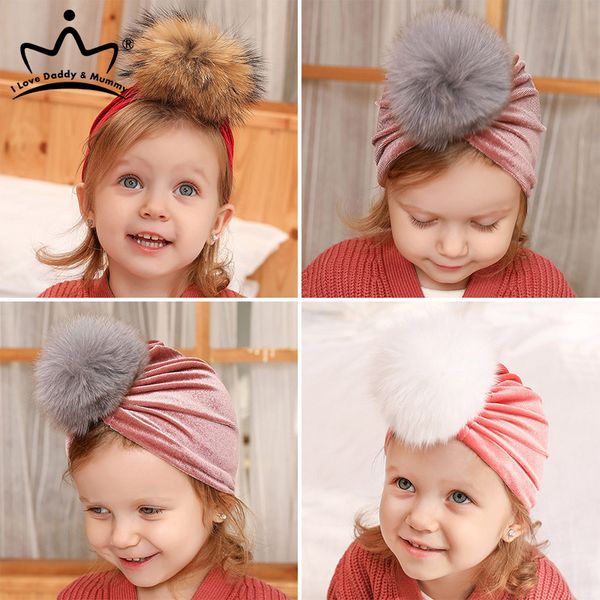 

baby girl gold velvet hats kids baby turban hat pompom children winter autumn girls cap solid color flower beanie, Yellow