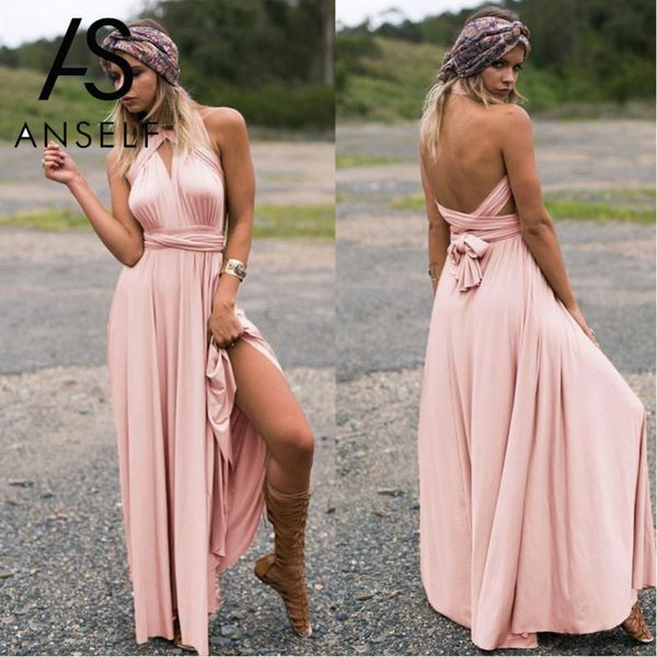 

anself long dress bridesmaid formal multi way wrap convertible infinity maxi dress pink hollow out party bandage vestidos, Black;gray