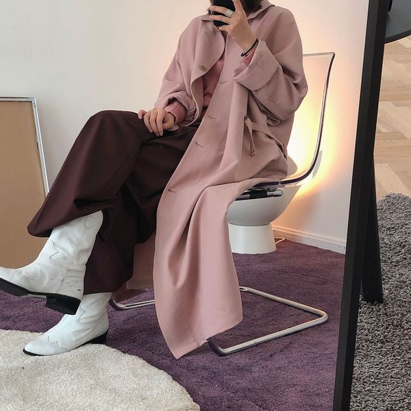 

lufu autumn new korean popular style lapel trench windbreaker coat profile loose slimming belt long coat for women, Tan;black