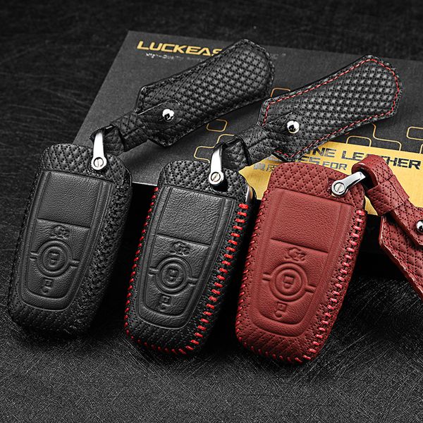 

luckeasy leather key cover for ford mondeo ecoboost 2017 2018 3/4 button car remote control case g3
