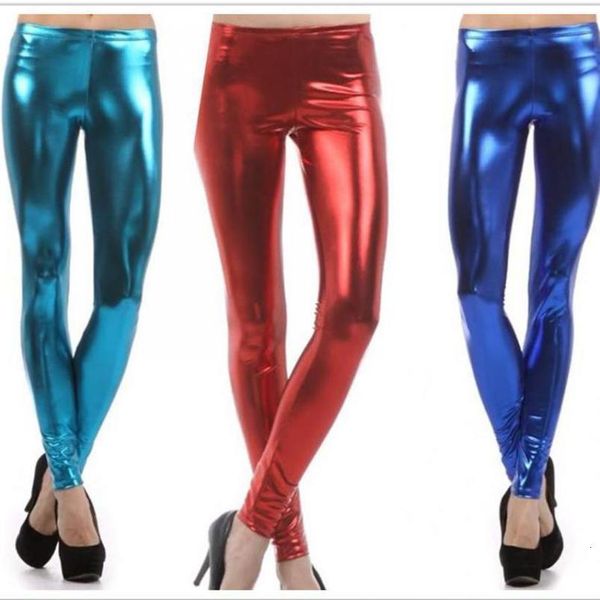 

plus size latex metallic leggings candy color faux leather legging mid waist ankle length pants women black gold