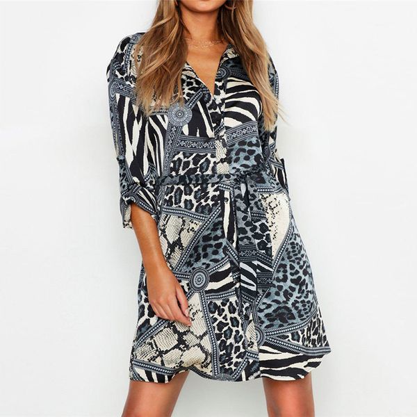 

leopard snake spliced printed chiffon shirt dress summer women turn down collar long sleeve mini casual dresses femme vestidos, Black;gray