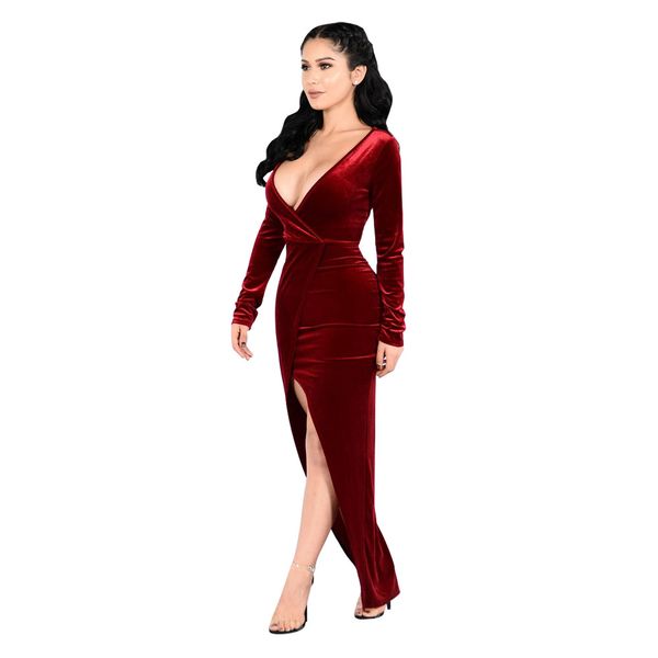 

christmas new slim high slit big size banquet dress fashion deep v long sleeve dress 9082, Blue