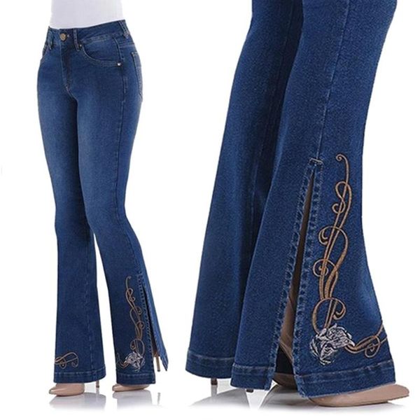 

women vintage side slit flare jeans elastic denim pants bell bottoms trousers, Blue