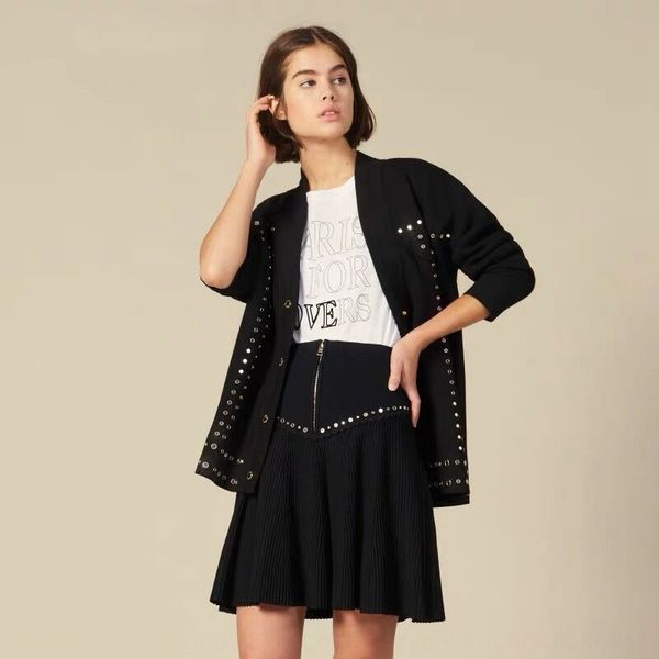 

fa coat zipper dan s home 2019 autumn winter new women's a- line riveting nail pleated zipper knitted overskirt sfpju00146, Black