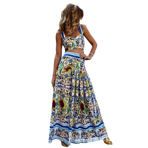 

boho new women two piece set crop long skirt floral printed bandeau strapless bandage ruffles high waist casual suit, White
