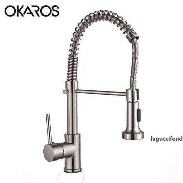 

okaro chrome finished kitchen faucet pull out spring style swivel dual sprayer outlet nozzle water mixer tap crantorneira c080 t200424