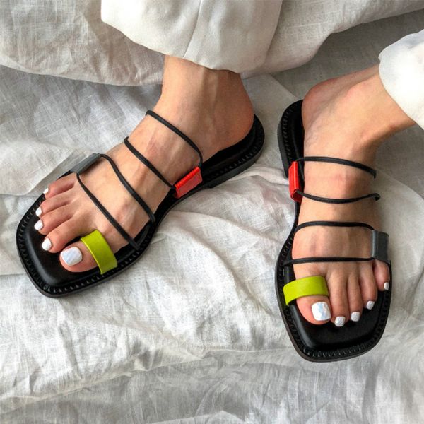 

2020 summer flat toe knob sandals flat strappy slippers women's fashion shoes rome style, Black