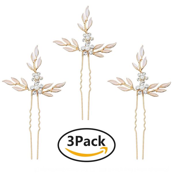 

de3e4 new bride hair chai rhinestone pearl headdress rhinestone pearl leaves u-shaped hairpin 3 a set of children's hair accessories he, Slivery;white