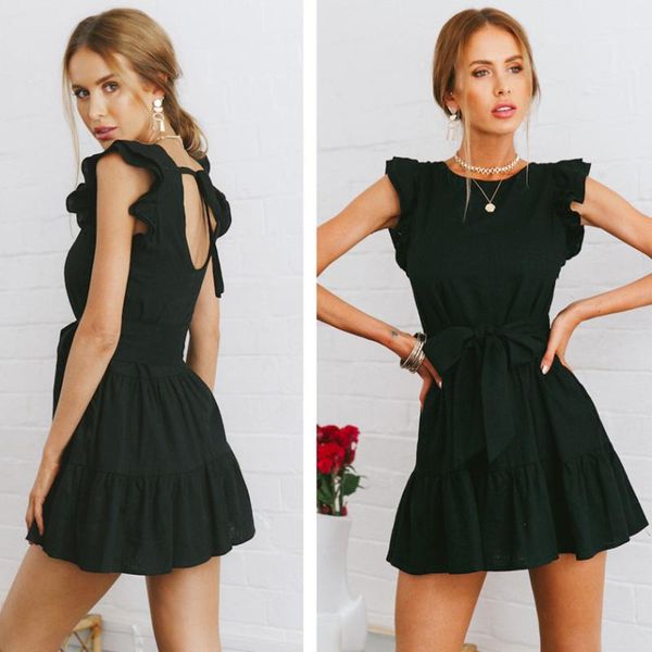 

borntogirl 2020 spring summer women sleeveless round neck dress black navy blue red ruffles dress robe femme, Black;gray