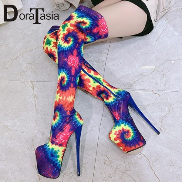 

doratasia girl ins spring knee high boots zipper design boots women super high heels mixed color platform shoes woman, Black