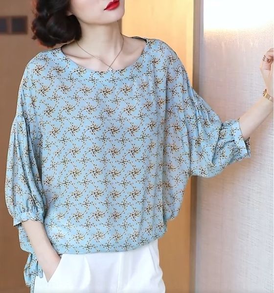 

women's loose t- 2019 summer t- shirt new european lace-up mulberry silk shirt seven-quarter sleeve silk printed fashion, White