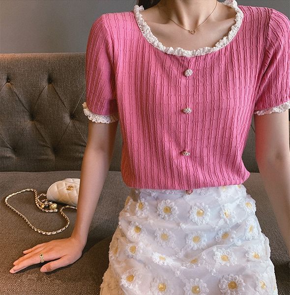 

mengmeng hipster short ice silk lace lace knitted t-shirt women's summer 2020 western style short sleeve thin top, White;black