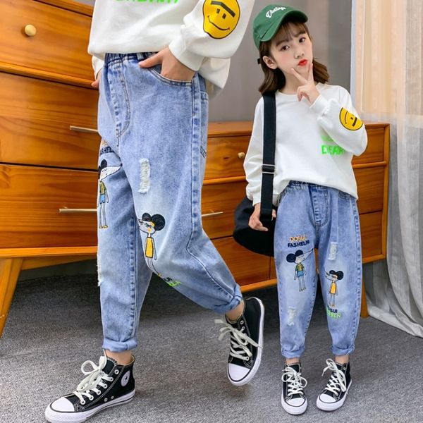 

ctodp girls hole-piercing 2020 new loose casual jeans and jeans embroidered medium and large children's foreign casual pants daddy pant, Blue
