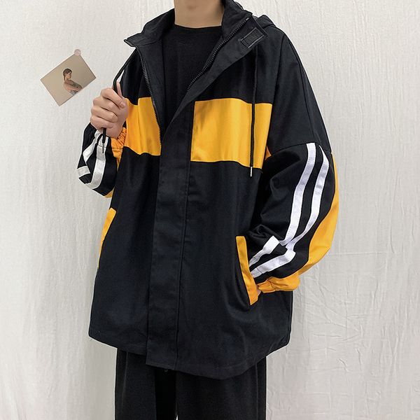 

e-baihui 2020 spring and autumn ins wind hit color jacket men's loose harajuku style wild student casual jacket 08, Black;brown