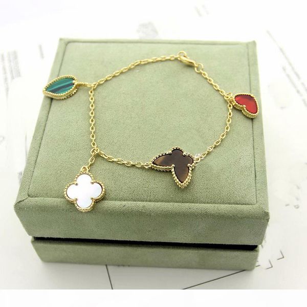 

s fashion lady women brass four motifs mother of pearl carnelian tiger -eye malachite 18k gold chain bracelets with different styles ch, Black