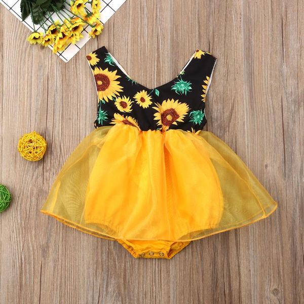 

newborn sleeveless dress kids baby girl party sunflower jumpsuit lace tutut romper princess dress ruffles toddler sunsuit, Red;yellow