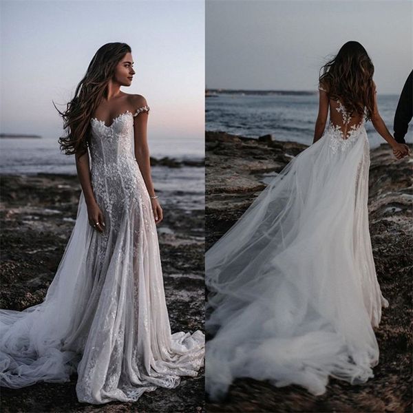 

off-shoulder beach wedding dresses a-line sleeveless illusion back appliqued lace sequins bridal gown bohemian bridal dress, White