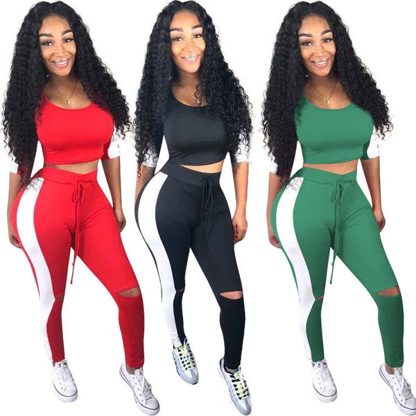 

2020 designer new fitness workout sweat suits women tracksuit set short sleeve t shirt and hole pants casual two piece sets tracksuits, Gray