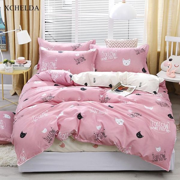 

пододеяльник семейный двухместный номер  cute pink white cat покрывало девушки single простыня наволочка 4шт хлопок пододеяльник set