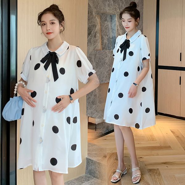 

maternity dresses 189# clothes summer chiffon short sleeve bow collar loose stylish dress for pregnant women pregnancy, White