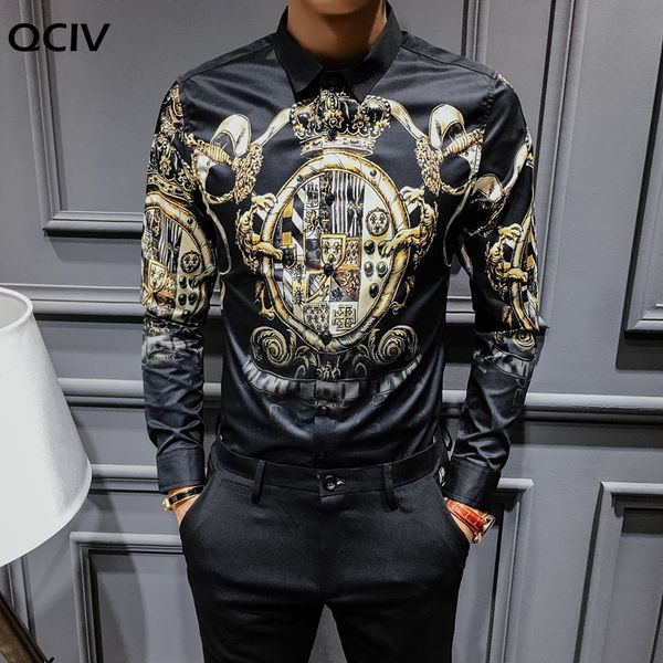 

black gold print shirts men baroque slim fit party club shirt men camisa homem luxury long sleeve shirt plus size 4xl, White;black