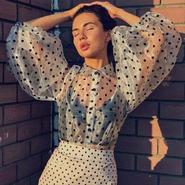 

women polka dot see through blouses ladies sheer long lantern sleeve transparent shirts loose blouse cover up blusas, White