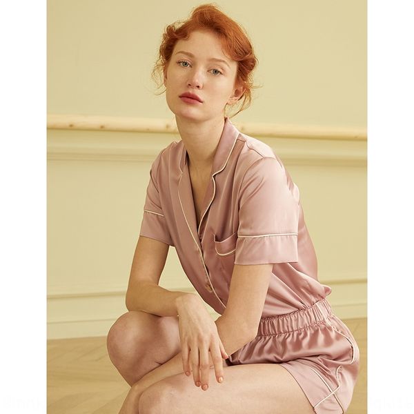 

женские пижамы лета 2019 новый шелковый атлас с короткими рукавами классические отворот дома одежда домашняя одежда шорты и шорты костюм, Blue;red