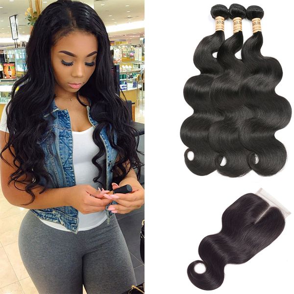 

бразильский body wave связки с закрытием лобовой 13 * 4 уха до уха кружева фронтальная закрытие пачками 100% remy человеческих волос weave, Black