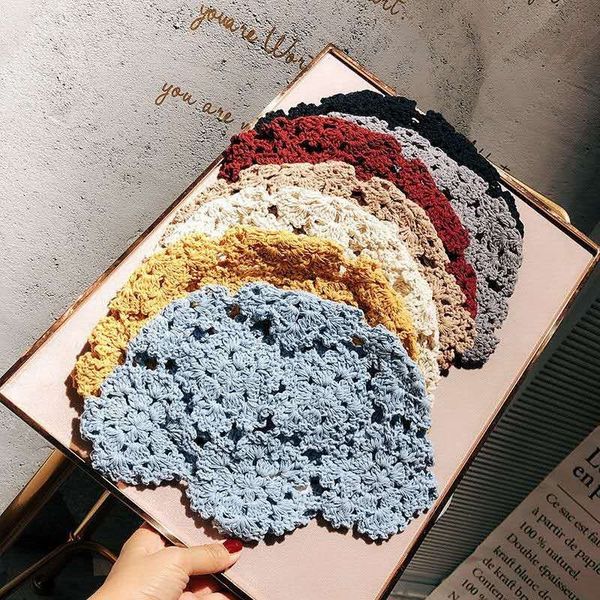 

hepburn elegant hand crochet cotton line early autumn painter's beret beret flower crocheted baotou painter hat indian hat, Blue;gray