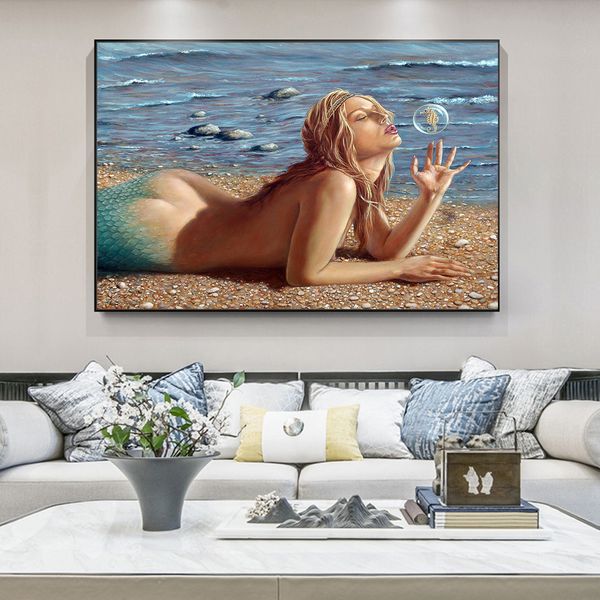 

modern nude woman mermaid blowing bubbles canvas painting posters wall art picture for living room home decor (no frame