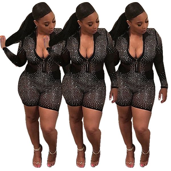 

bing slim jumpsuits womens zipper v neck long sleeve shorts rompers summer women designer clothing, Black;white