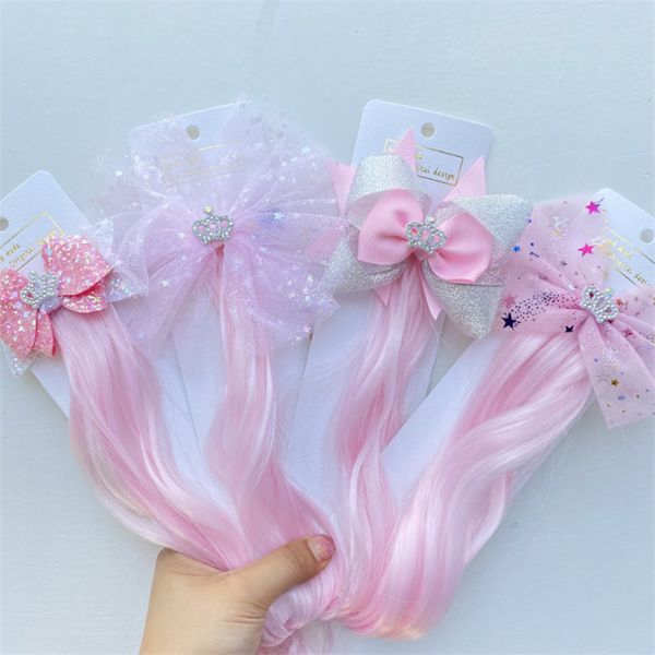 

8шт / серия самый новый волос банты для девочек клипы корона чистая пряжи волос с длинный парик hairgrips принцессы партии дети аксессуары, Slivery;white