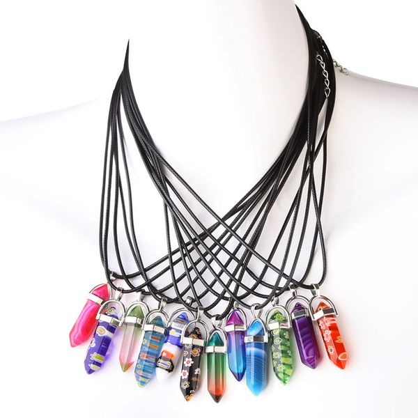 

natural stone pendant necklace crystal hexagonal pointed reiki chakra healing pendants charms rope chain necklace women girls, Silver