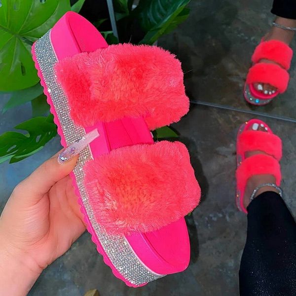 

rhinestone slippers plush fur slides female low heels slides women fluffy sliders wholesale luxury sandals claquette fourrure, Black