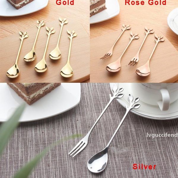 

gold plated stainless steel spoon fork creative branch leaves spoon fork coffee stirring spoons christmas gift kitchen tableware dbc bh3097