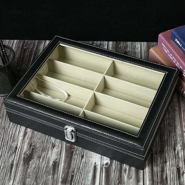 

window 8-bit multi-grid leather pu leather jewelry myopia transparent glasses storage storage display gift box glasses box, Blue