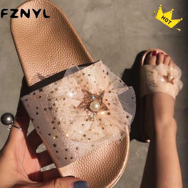 

fznyl sweet bowtie lace floral women flats slippers fashion crystal rhinestone girls slides outdoor beach shoes plus size 41, Black