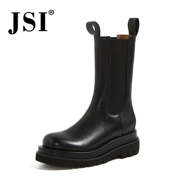 

jsi mid-calf boots geunine leather high platform flat sqaure heel boots ladies ekastic band patchwork waterproof shoes jo591, Black